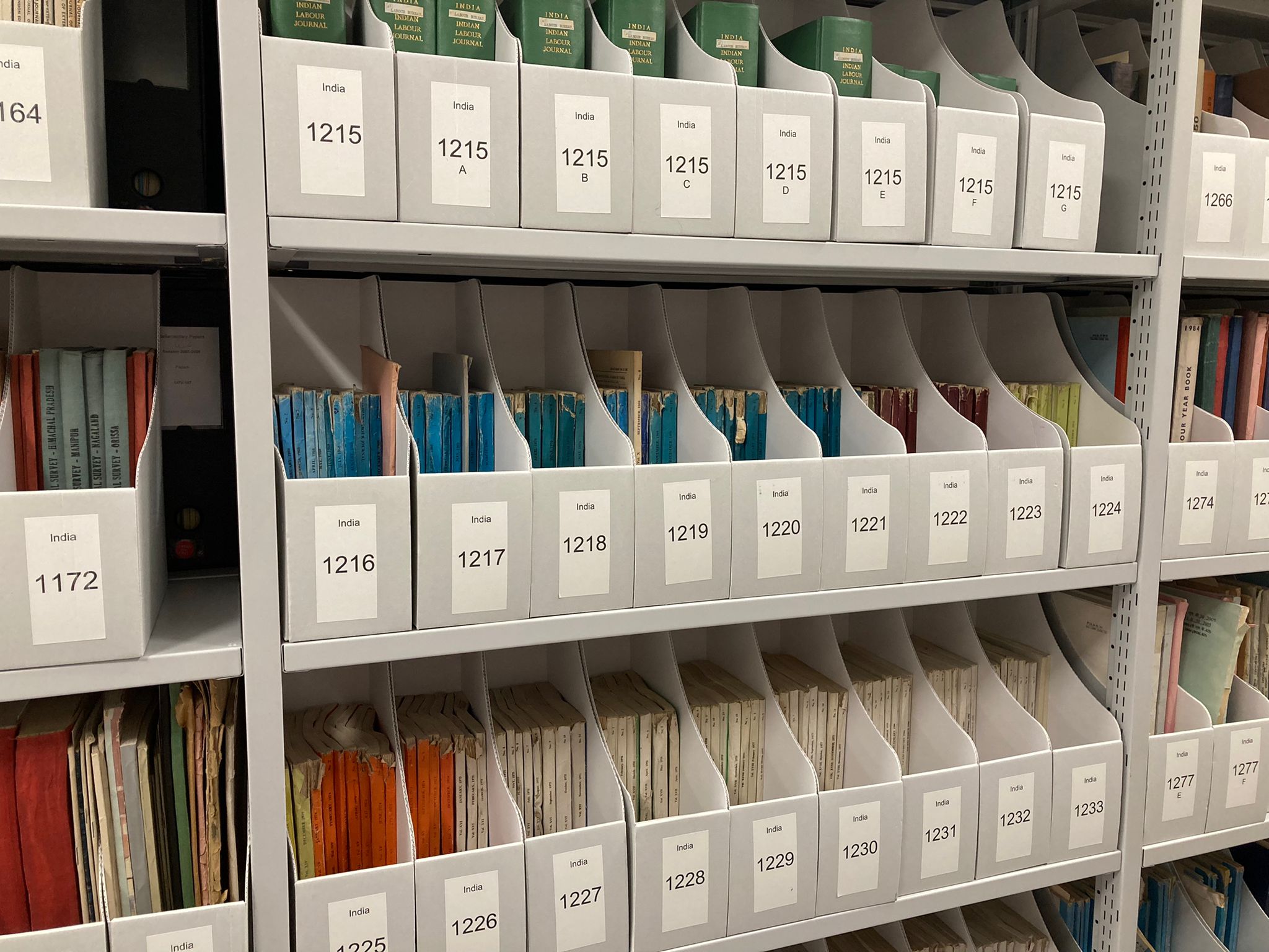 New white pamphlet boxes, with numbered labels, full of preserved BLDS items on new grey metal shelving